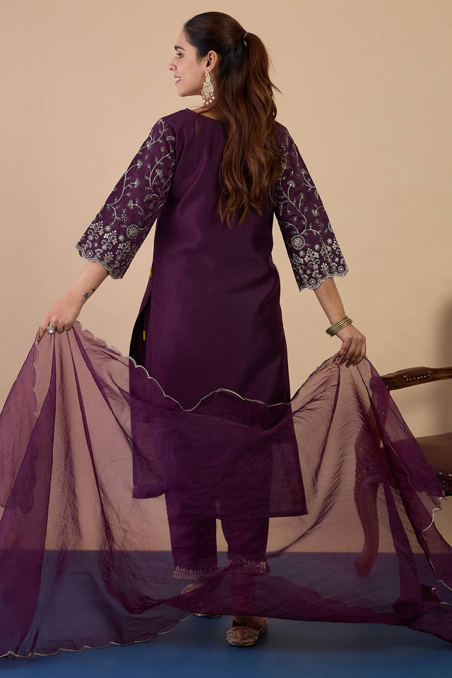 Wine Embroidered Silk Blend Kurti Pant Set (ACA9783)