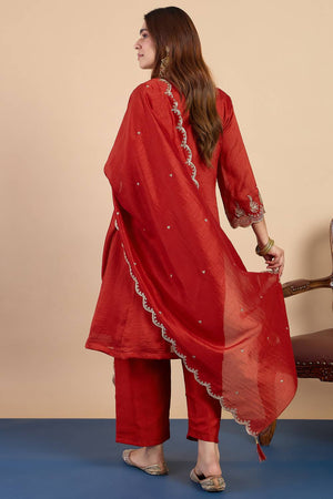Rust Sequin with Embroidered Silk Blend Kurti Pant Set (ACA9784)