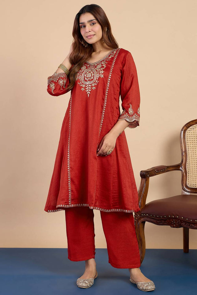 Rust Sequin with Embroidered Silk Blend Kurti Pant Set (ACA9784)