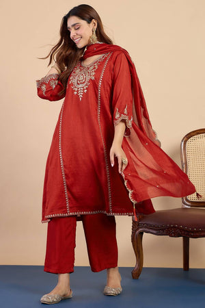 Rust Sequin with Embroidered Silk Blend Kurti Pant Set (ACA9784)