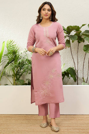 Light Pink Floral Embroidered Silk Kurti Pant Set (ACA9785)