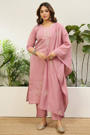 Light Pink Floral Embroidered Silk Kurti Pant Set (ACA9785)