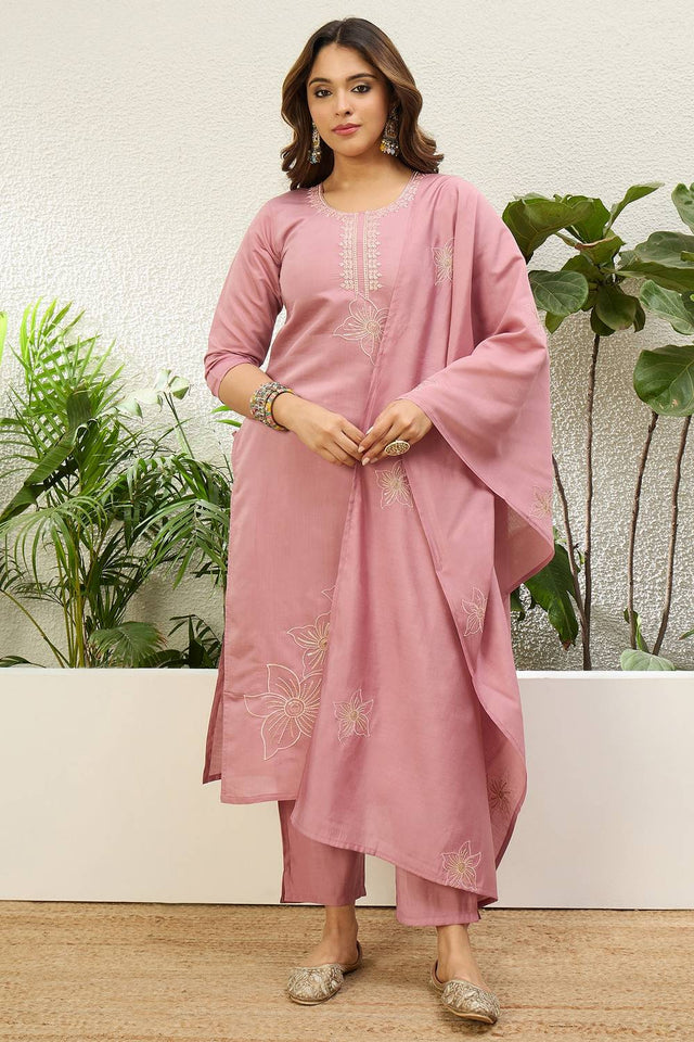 Light Pink Floral Embroidered Silk Kurti Pant Set (ACA9785)