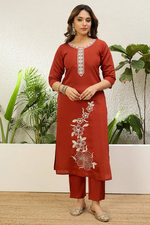 Rust Floral Embroidered Silk Kurti Pant Set (ACA9786)