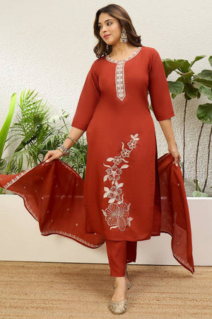 Rust Floral Embroidered Silk Kurti Pant Set (ACA9786)