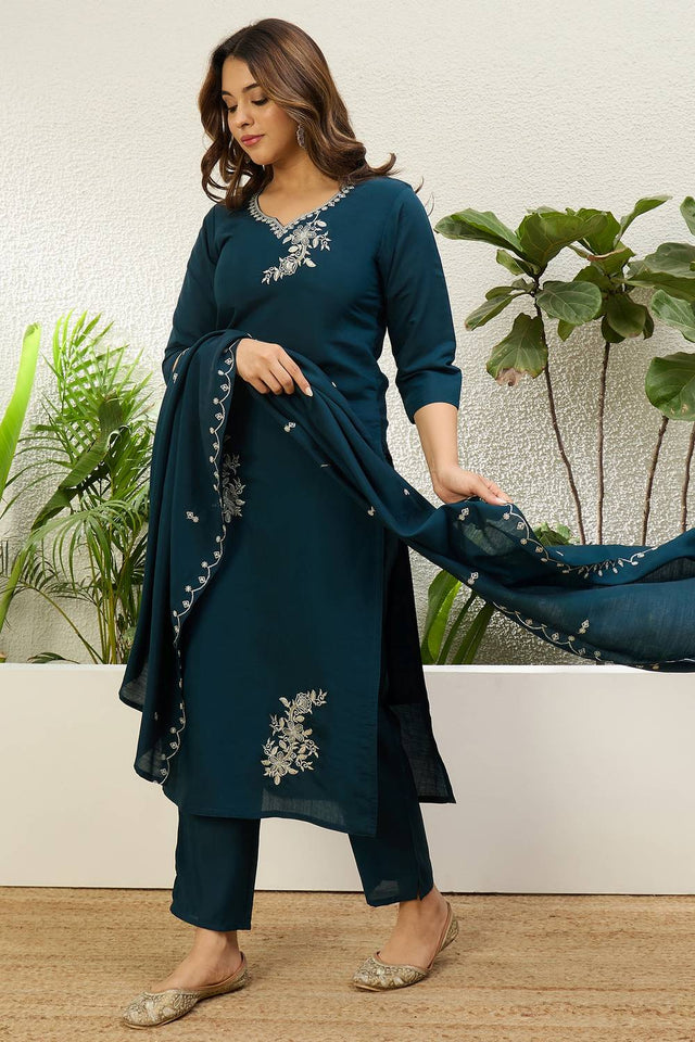 Navy Blue Floral Embroidered Silk Kurti Pant Set (ACA9787)