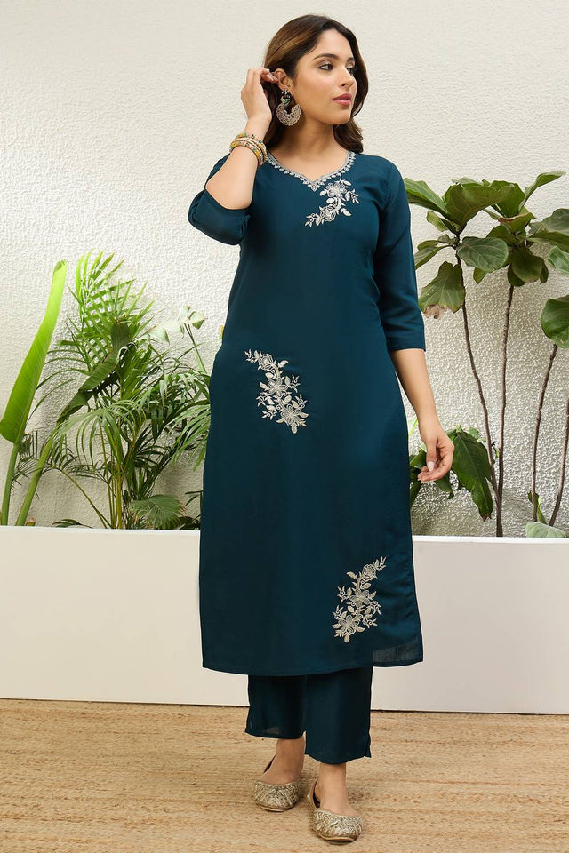 Navy Blue Floral Embroidered Silk Kurti Pant Set (ACA9787)