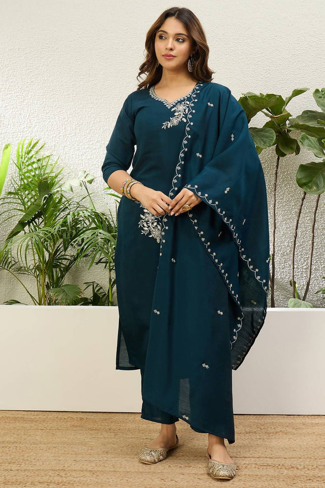 Navy Blue Floral Embroidered Silk Kurti Pant Set (ACA9787)