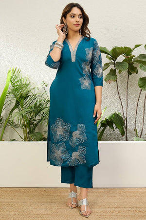 Turquoise Floral Embroidered Silk Kurti Pant Set (ACA9788)