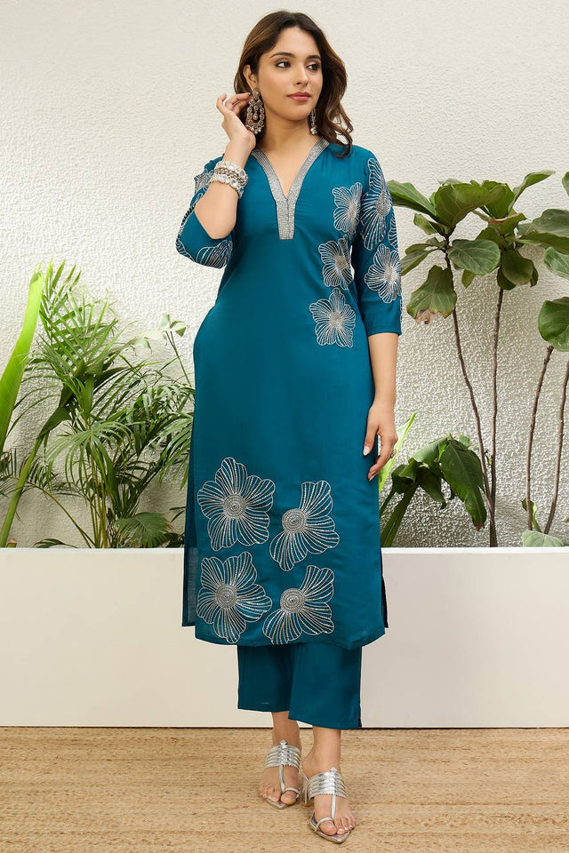 Turquoise Floral Embroidered Silk Kurti Pant Set (ACA9788)