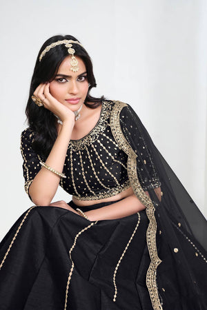 Black Sequin with Embroidered Art Silk Lehenga (ACA9790)