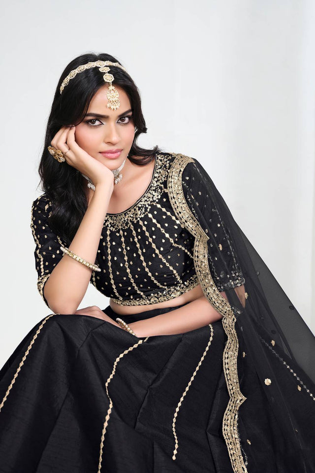 Black Sequin with Embroidered Art Silk Lehenga (ACA9790)