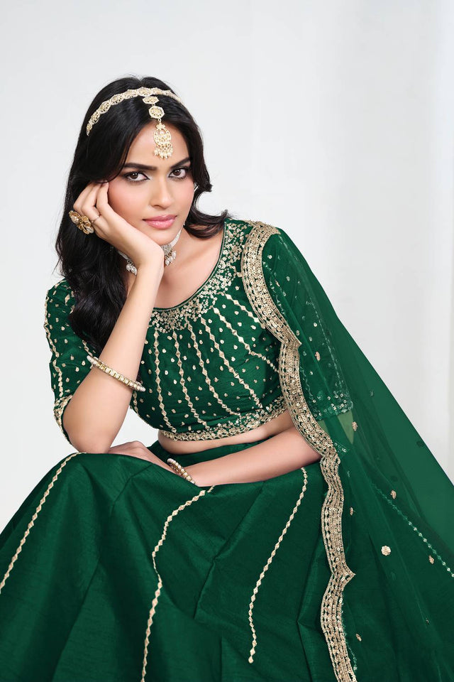 Green Sequin with Embroidered Art Silk Lehenga (ACA9794)