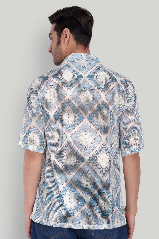 Mens Blue Printed Cotton Blend Shirt (ACA9816)