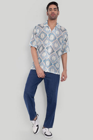 Mens Blue Printed Cotton Blend Shirt (ACA9816)