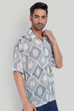 Mens Blue Printed Cotton Blend Shirt (ACA9816)