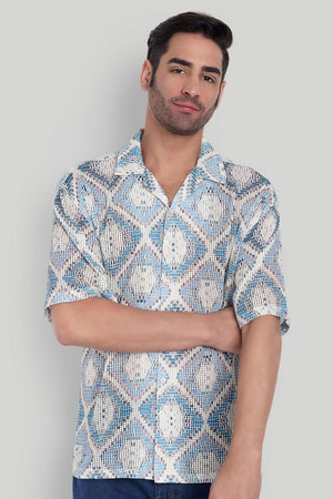 Mens Blue Printed Cotton Blend Shirt (ACA9816)