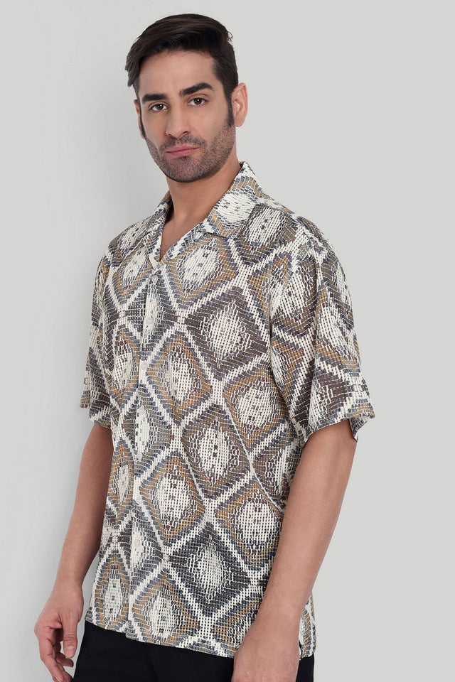 Mens Brown Printed Cotton Blend Shirt (ACA9817)