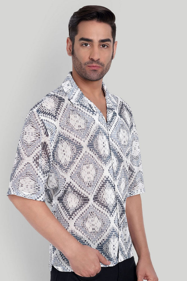 Mens Grey Printed Cotton Blend Shirt (ACA9818)