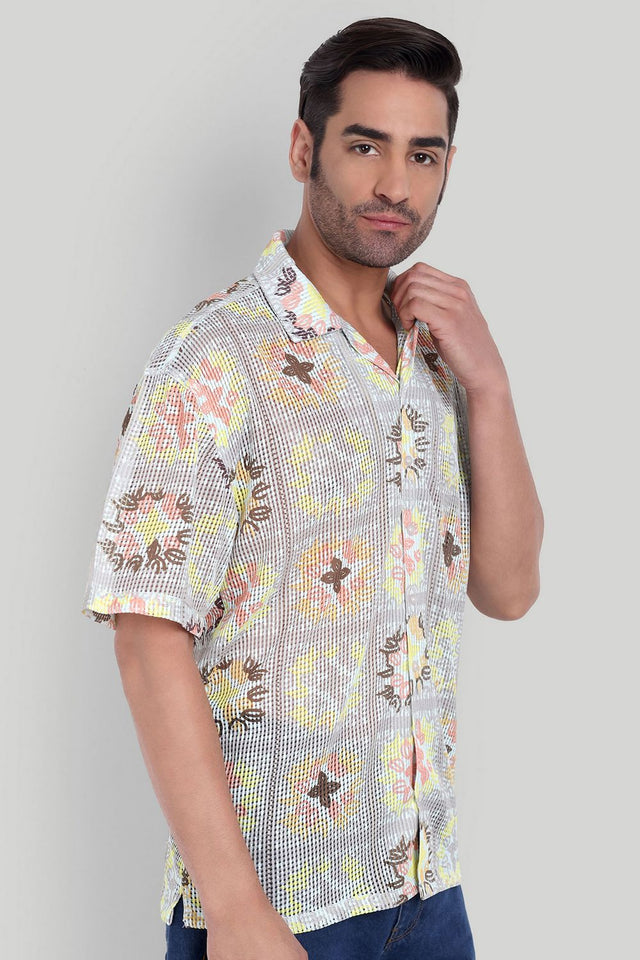 Mens Beige Printed Cotton Blend Shirt (ACA9821)