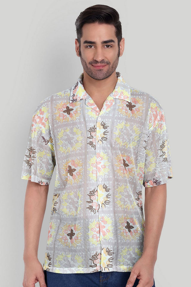 Mens Beige Printed Cotton Blend Shirt (ACA9821)