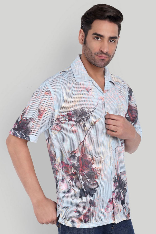 Mens Blue Printed Cotton Blend Shirt (ACA9823)