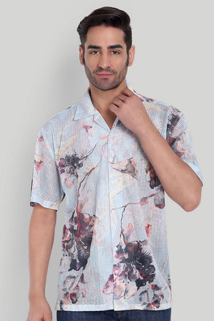 Mens Blue Printed Cotton Blend Shirt (ACA9823)