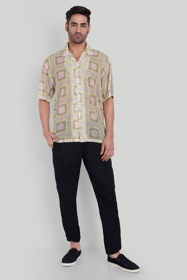 Mens Yellow Printed Cotton Blend Shirt (ACA9824)