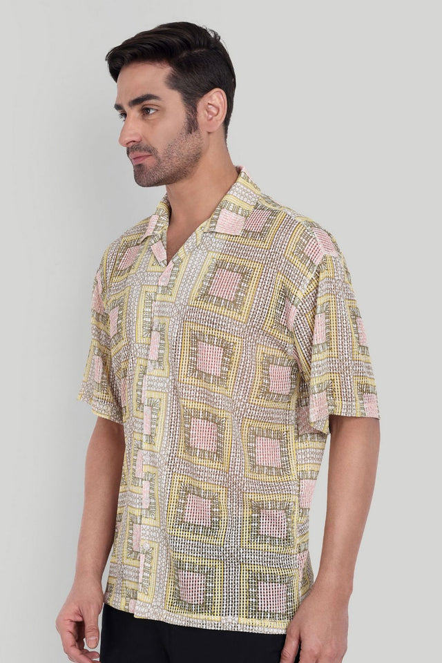 Mens Yellow Printed Cotton Blend Shirt (ACA9824)