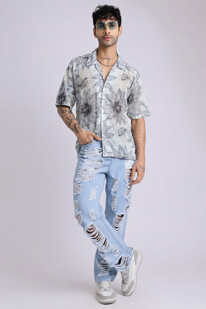 Mens Blue Printed Cotton Blend Shirt (ACA9825)