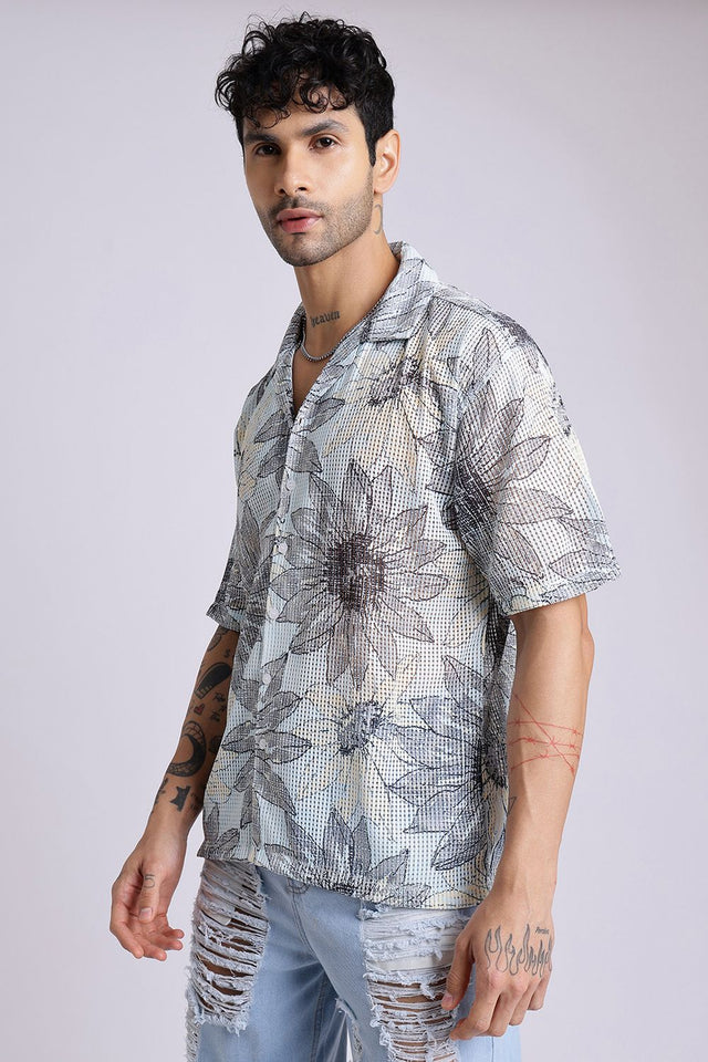 Mens Blue Printed Cotton Blend Shirt (ACA9825)
