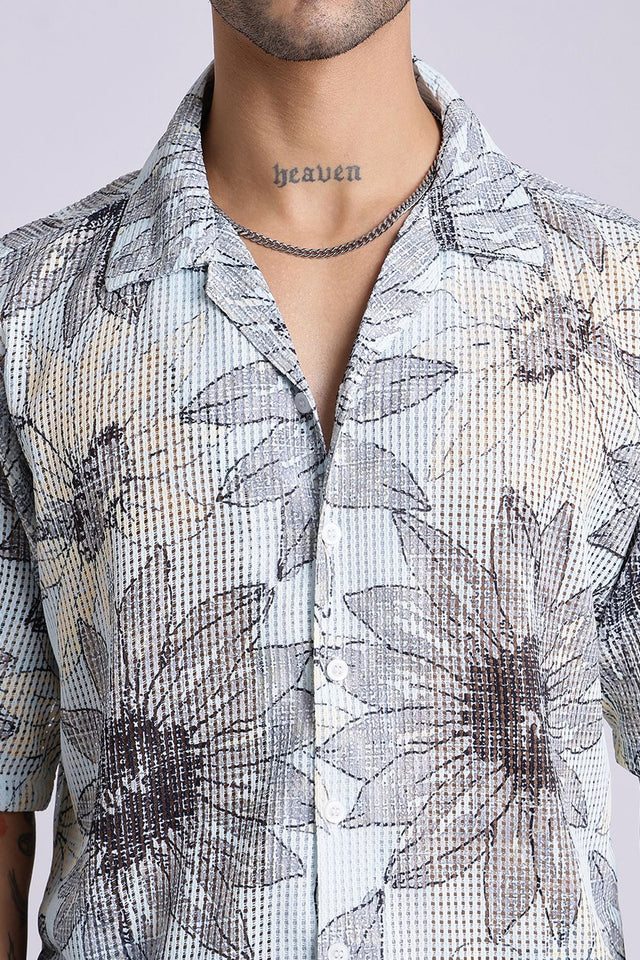 Mens Blue Printed Cotton Blend Shirt (ACA9825)