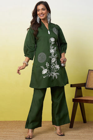 Green Floral Embroidered Viscose Co-Ord Set (ACA9826)