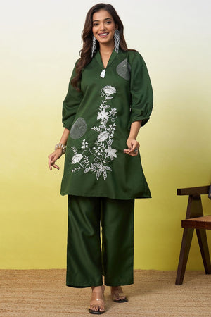 Green Floral Embroidered Viscose Co-Ord Set (ACA9826)