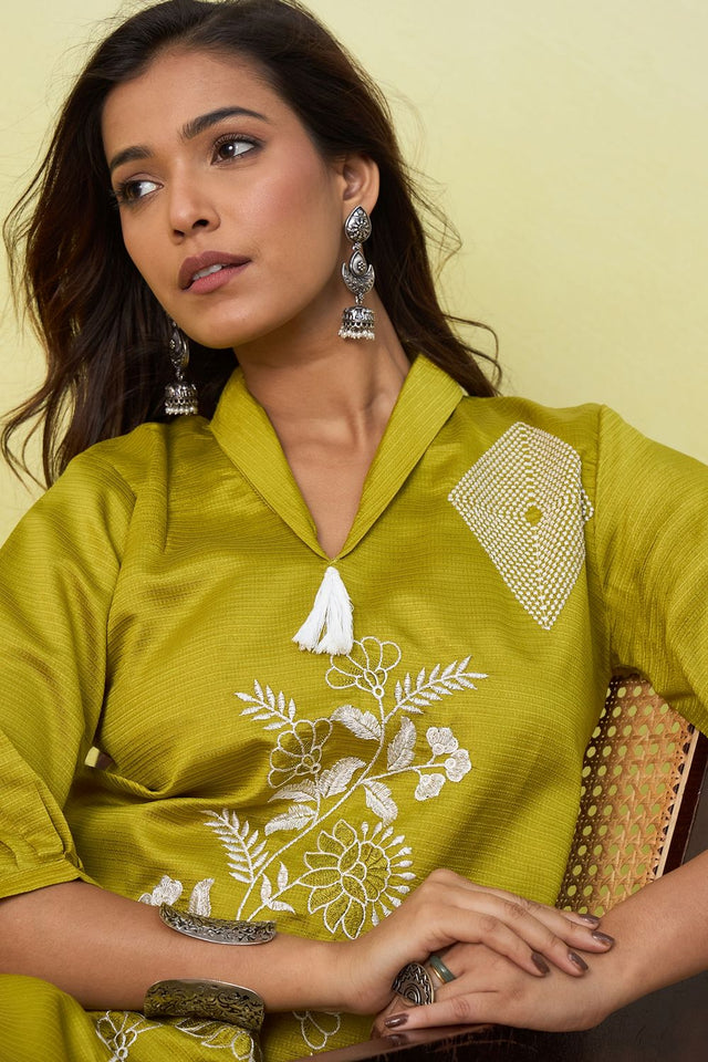 Yellow Embroidered Viscose Co-Ord Set (ACA9828)