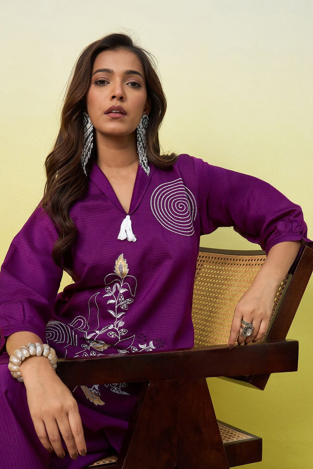 Purple Embroidered Viscose Co-Ord Set (ACA9830)