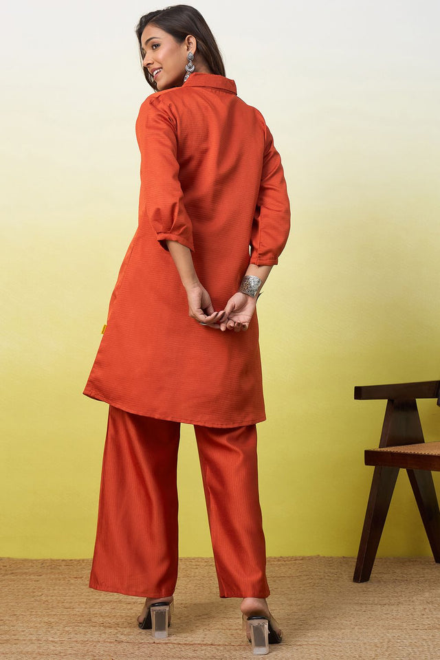 Rust Embroidered Viscose Co-Ord Set (ACA9831)