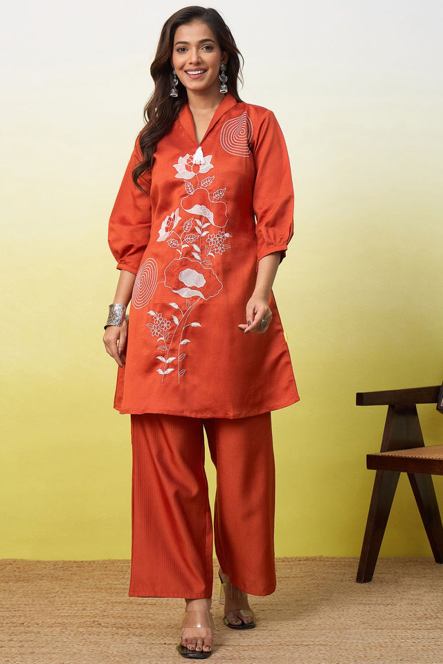Rust Embroidered Viscose Co-Ord Set (ACA9831)