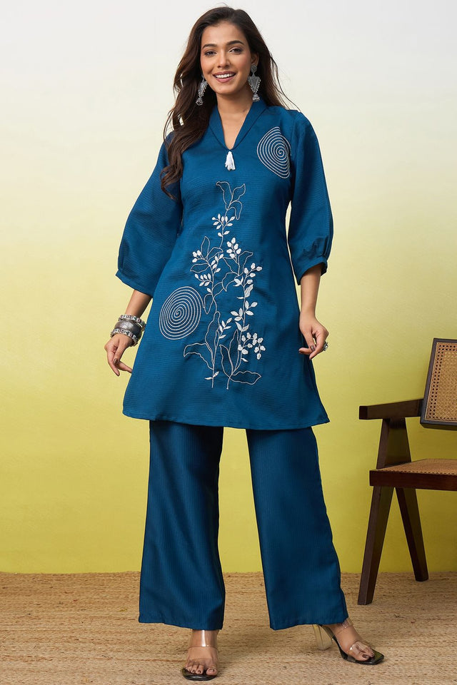 Turquoise Embroidered Viscose Co-Ord Set (ACA9832)