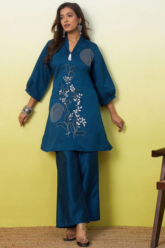 Turquoise Embroidered Viscose Co-Ord Set (ACA9832)