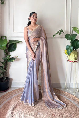 Brown Solid with Lace Border Satin Saree (ACA9833)