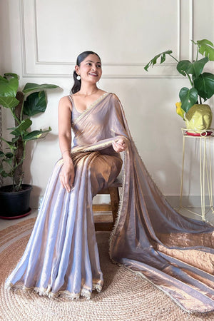 Brown Solid with Lace Border Satin Saree (ACA9833)