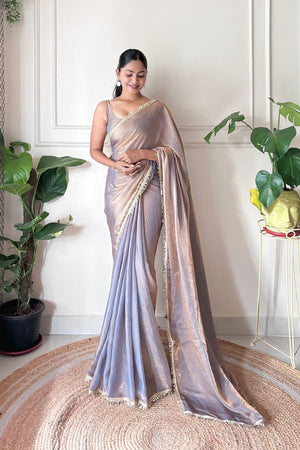Brown Solid with Lace Border Satin Saree (ACA9833)