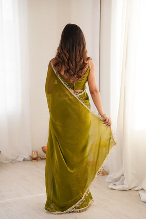 Mehendi Solid with Lace Border Satin Saree (ACA9834)