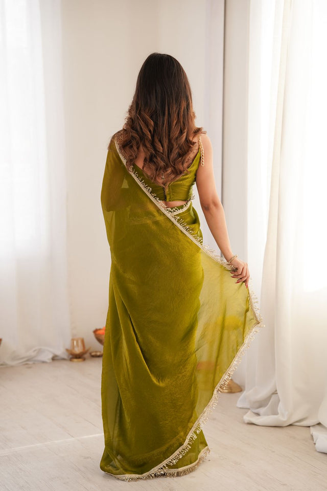 Mehendi Solid with Lace Border Satin Saree (ACA9834)