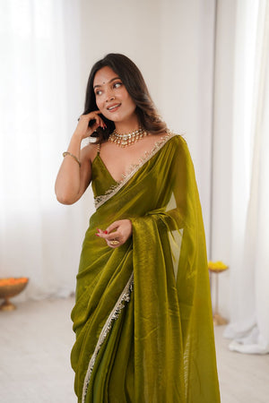 Mehendi Solid with Lace Border Satin Saree (ACA9834)