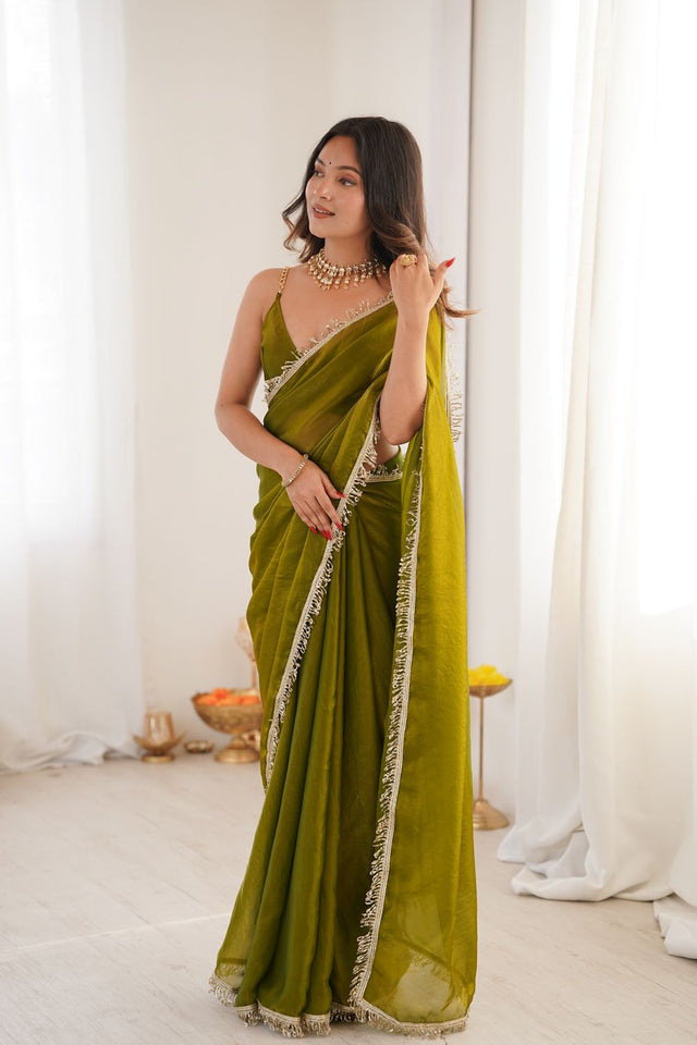 Mehendi Solid with Lace Border Satin Saree (ACA9834)