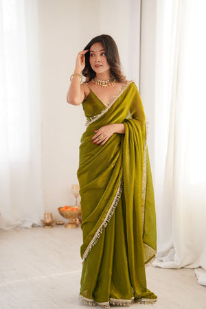 Mehendi Solid with Lace Border Satin Saree (ACA9834)