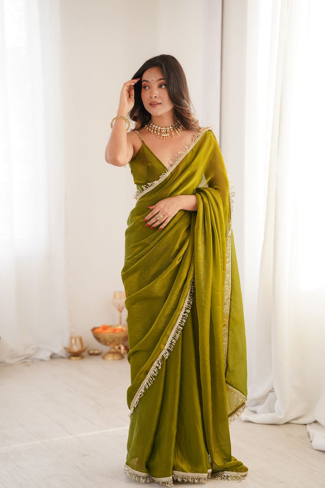 Mehendi Solid with Lace Border Satin Saree (ACA9834)