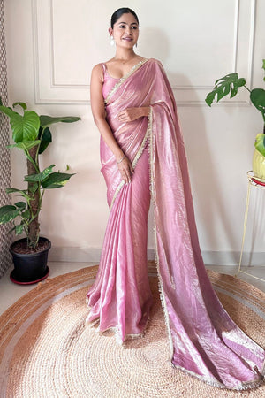 Pink Solid with Lace Border Satin Saree (ACA9835)